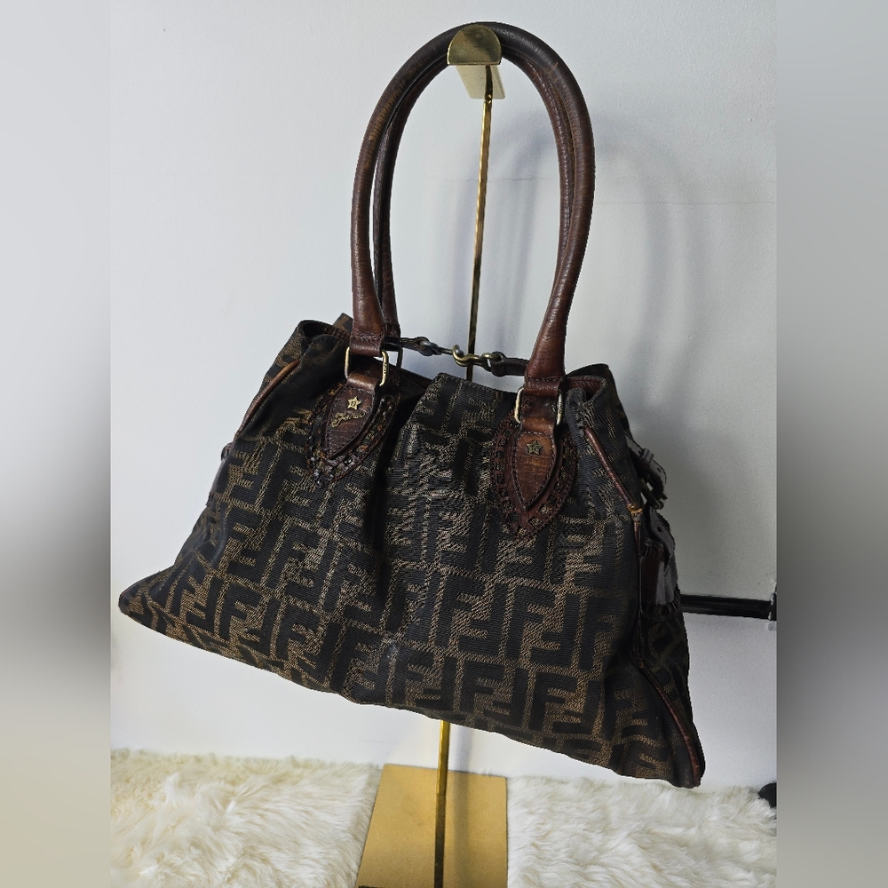 FENDI Zucca Etnico Handbag Tote Bag Nylon Canvas Leather Khaki Dark Brown